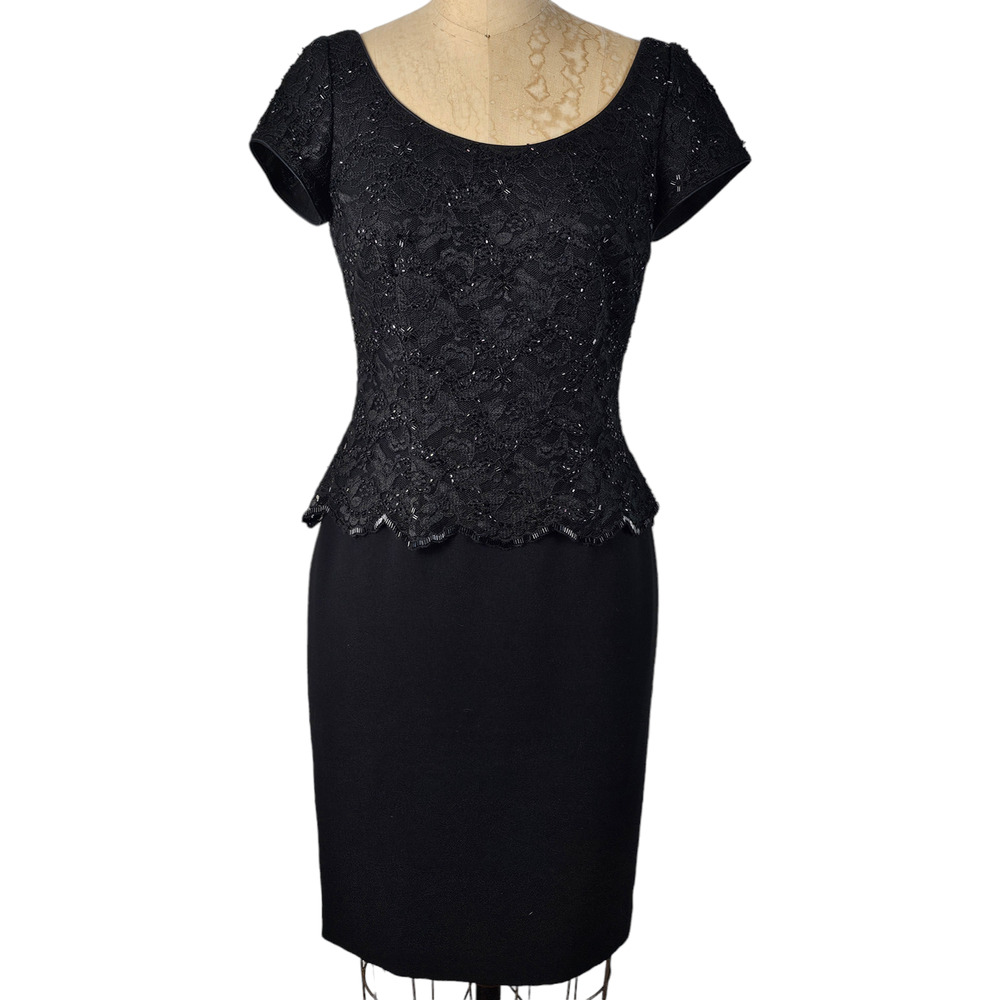 Vintage 90s Dress black Kir scoop neck beaded lace crepe short sleeves size 4